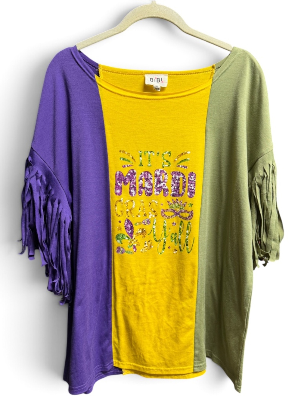BiBi XL Mardi Gras Fringe Top Purple Green Gold It's Mardi Gras Y'all
